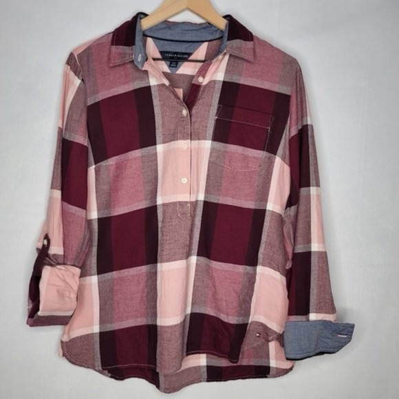 Tommy Hilfiger Burgundy Pink Plaid Medium Popover Shirt Roll Tab Sleeve Boho Top - Picture 1 of 7